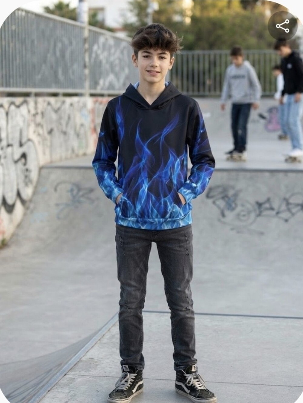 Unbranded Blue Flame Hoodie Sweatshirt Black Graphic Pullover Size XL